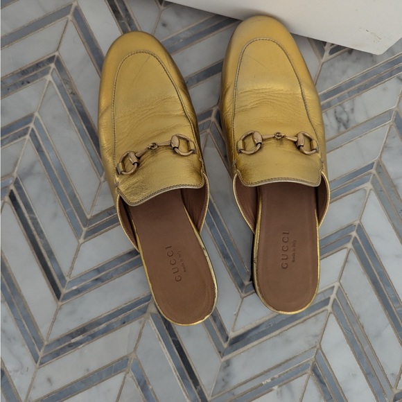 Gucci Shoes - Gucci Gold Leather Princetown mules